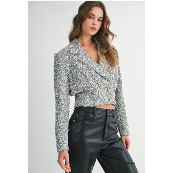 Jackets & Blazers - 1074 • Black/White Confetti Tweed Crop Blazer Jacket w/Pearl Rhinestone Buttons